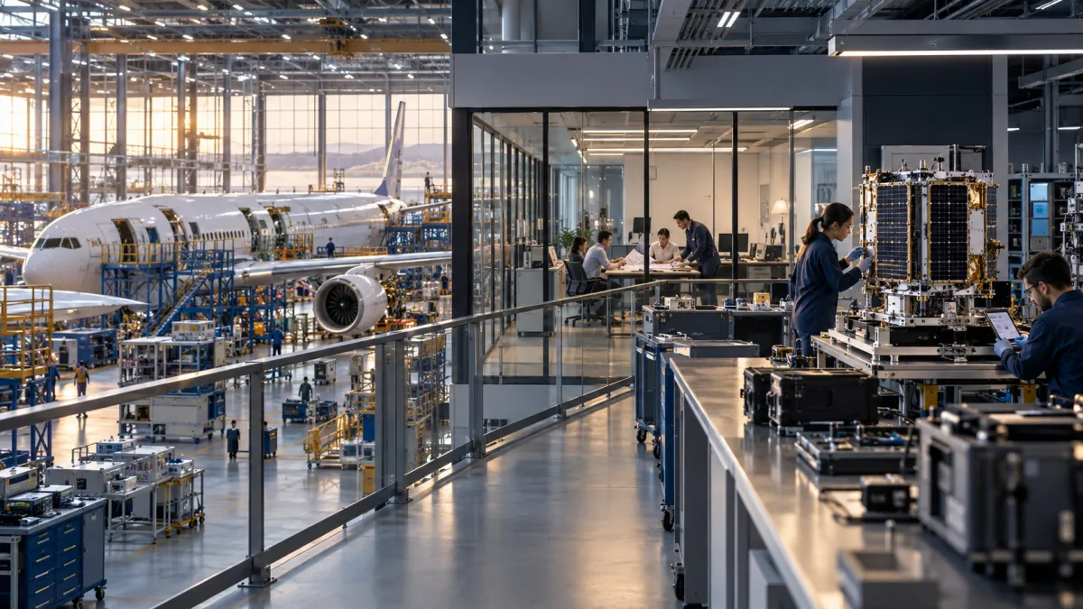 Illustrative aerospace integration setting connecting manufacturing, technical review and space engineering workspaces