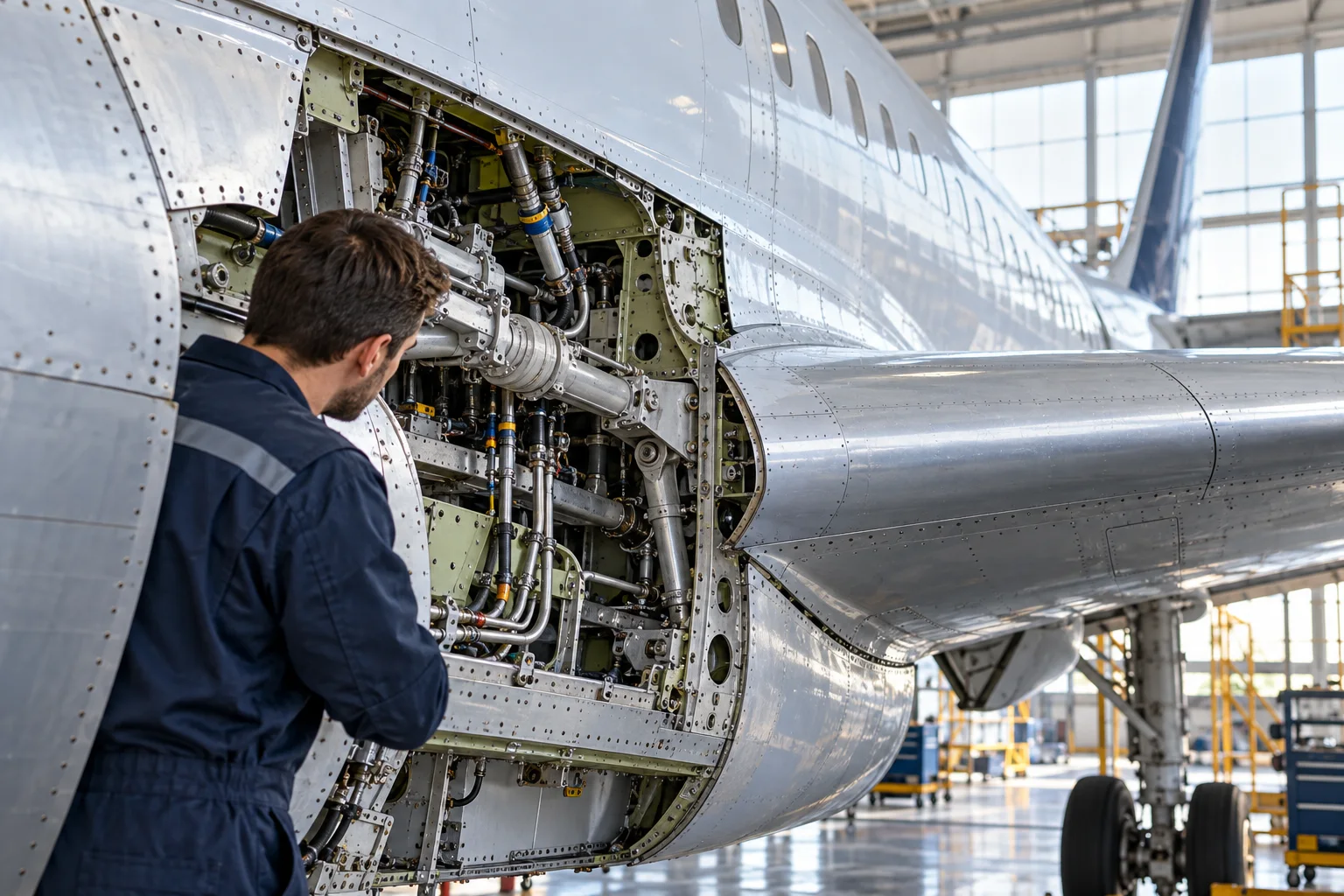 Concept illustration of aircraft structure and service interfaces being inspected in a hangar