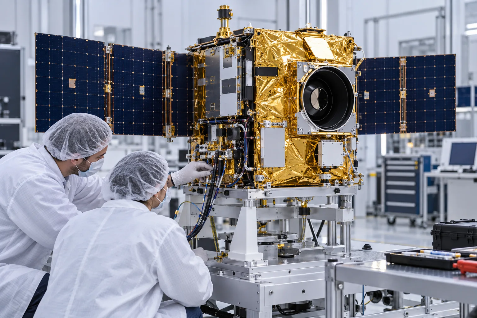 Concept illustration of engineers examining satellite hardware in a cleanroom