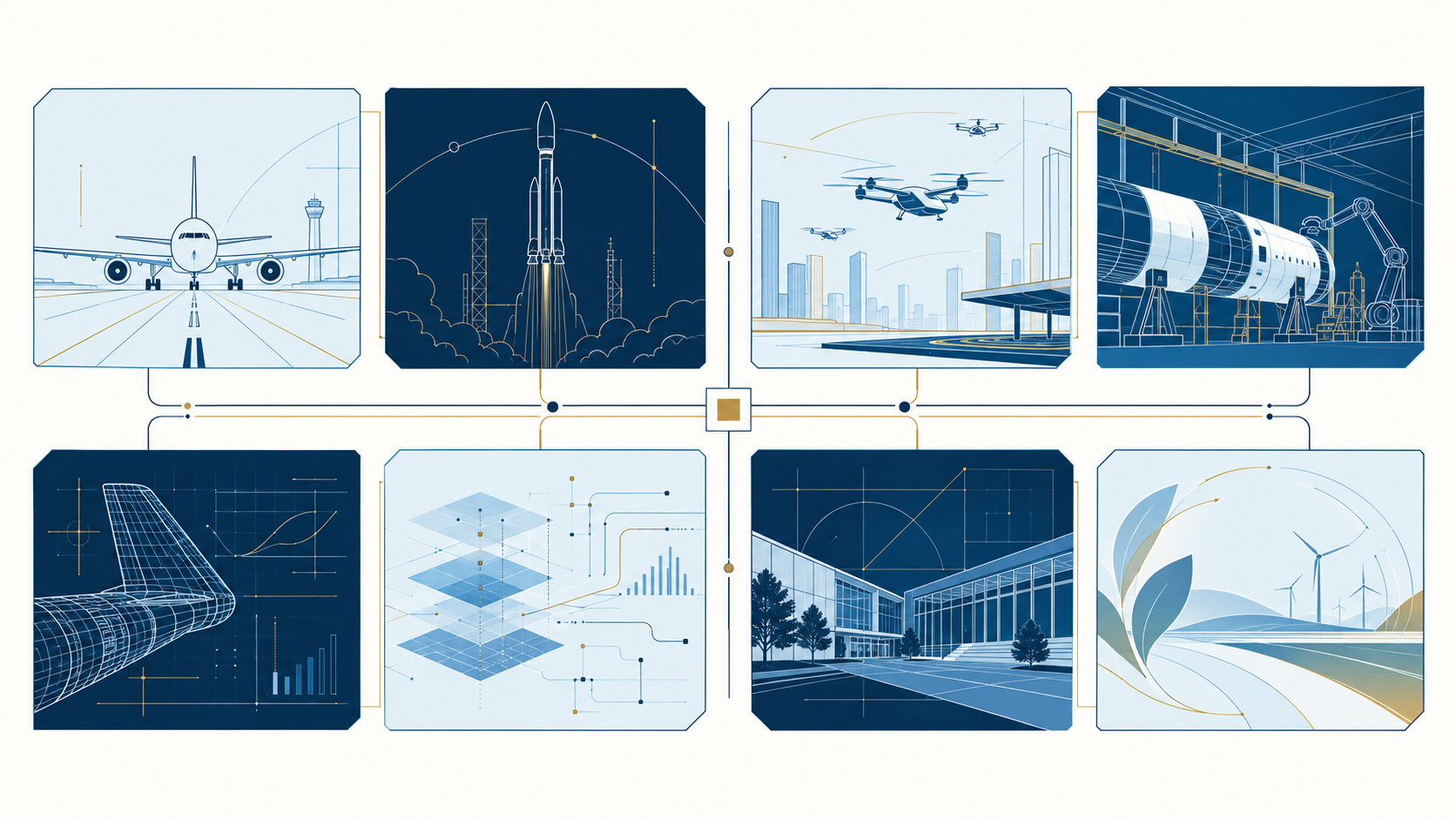 Institutional diagram showing eight connected aerospace domains in a shared structure