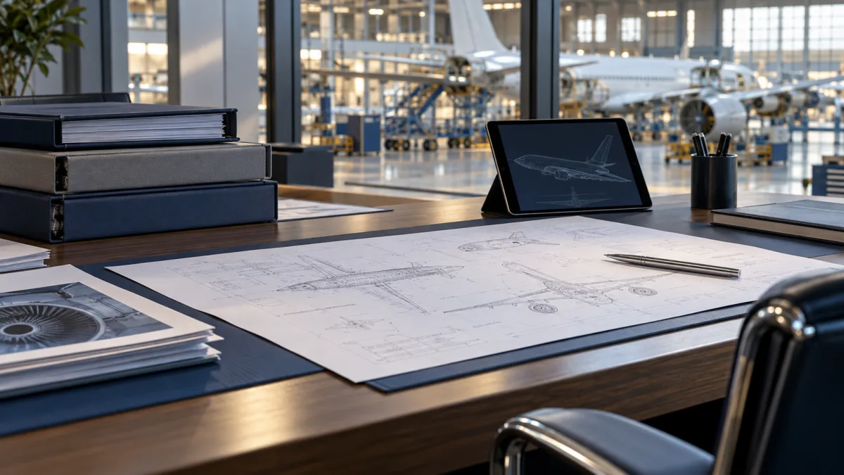 Illustrative technical review documents in an aerospace workspace