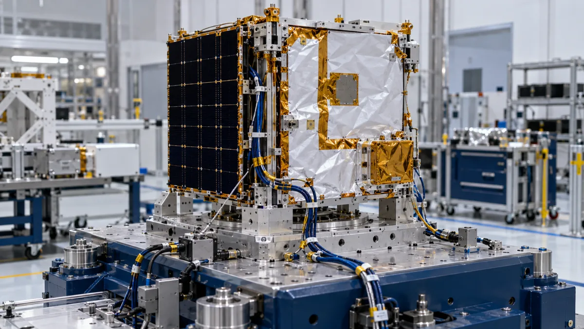 Illustrative satellite assembly and measurement instrumentation on a vibration-test fixture