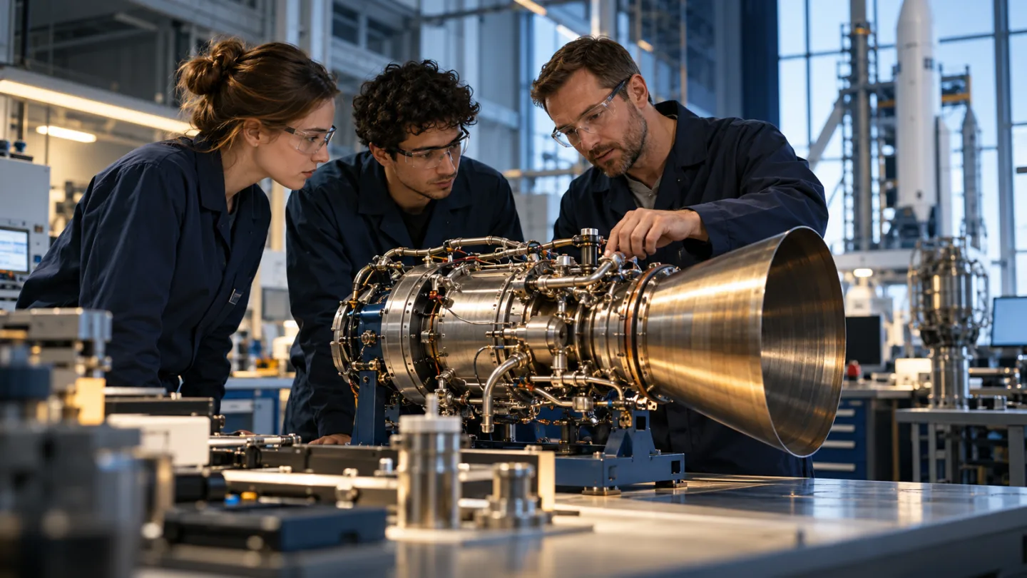 Illustrative aerospace scene: A university aerospace skills laboratory with a mentor and two adult learners examining a compact rocket engine demonstrator.