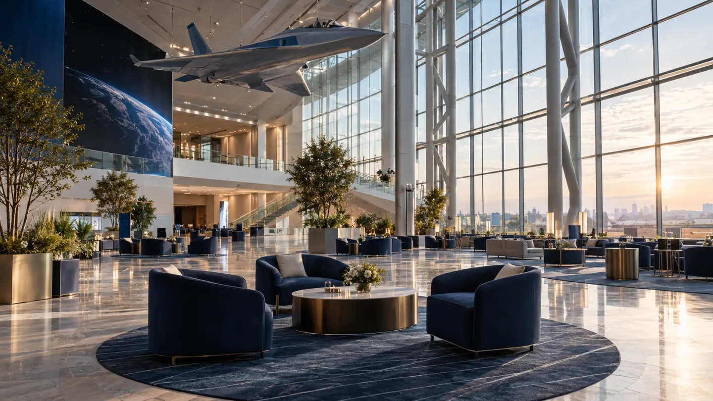 Illustrative aerospace scene: Airy convention centre atrium prepared for an aerospace annual forum.