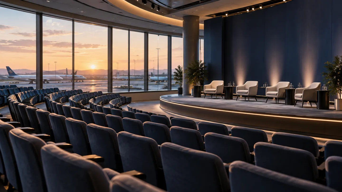 Illustrative aerospace scene: Empty premium international aerospace forum auditorium prepared for a future discussion.