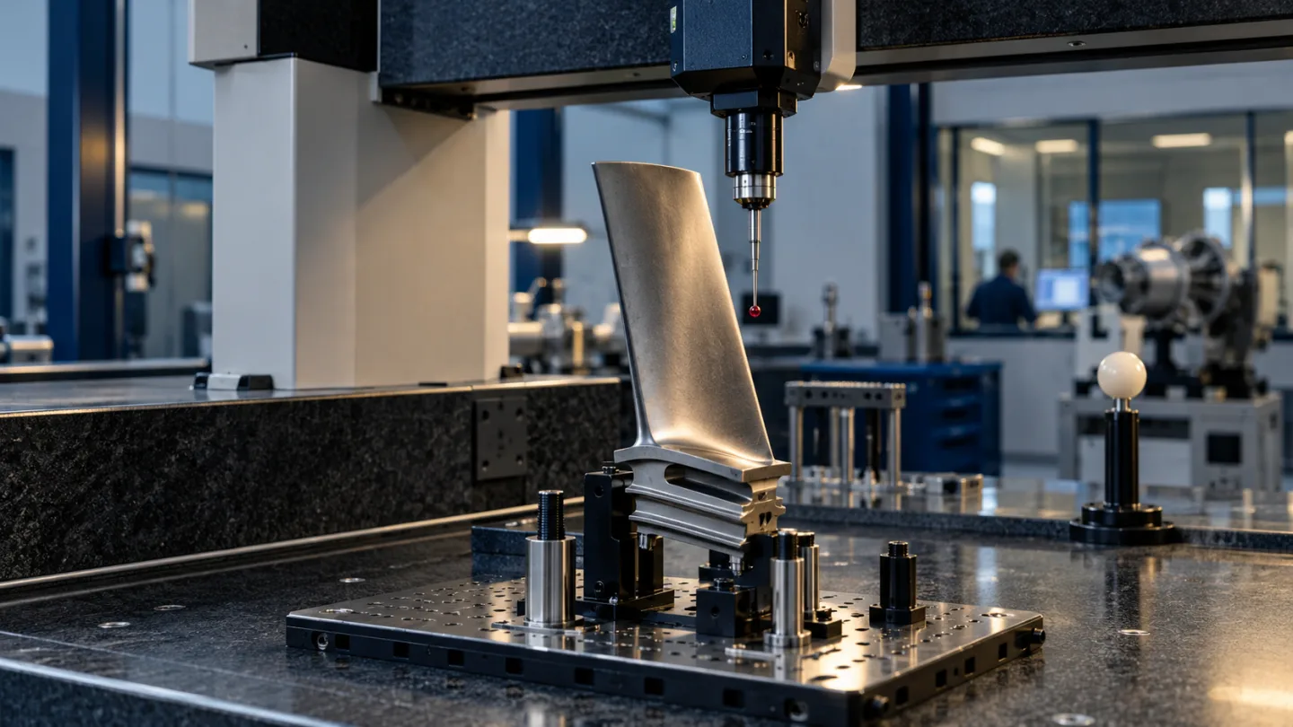 Illustrative aerospace scene: A precision aerospace metrology test fixture with a turbine blade being measured by a coordinate measuring machine.