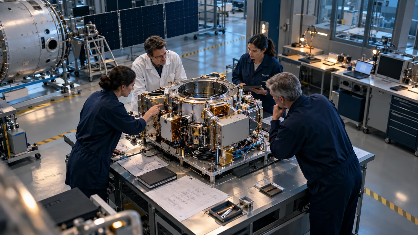 Illustrative aerospace scene: Aerospace technical cooperation engineering room with a small interdisciplinary team reviewing a full size spacecraft subsystem at a central bench.