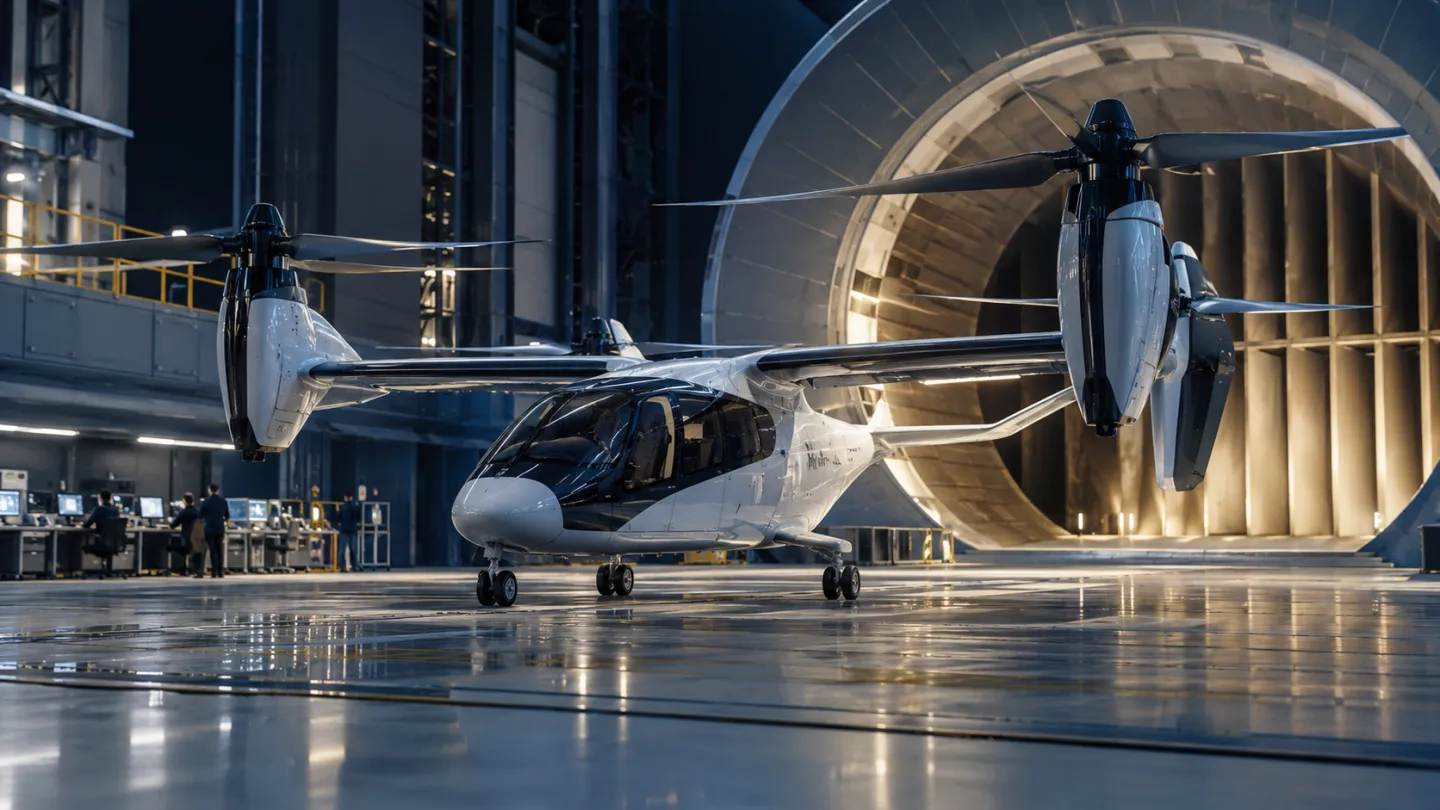 Illustrative aerospace scene: Plausible electric vertical takeoff aircraft demonstrator in an advanced aerodynamics testing hangar.