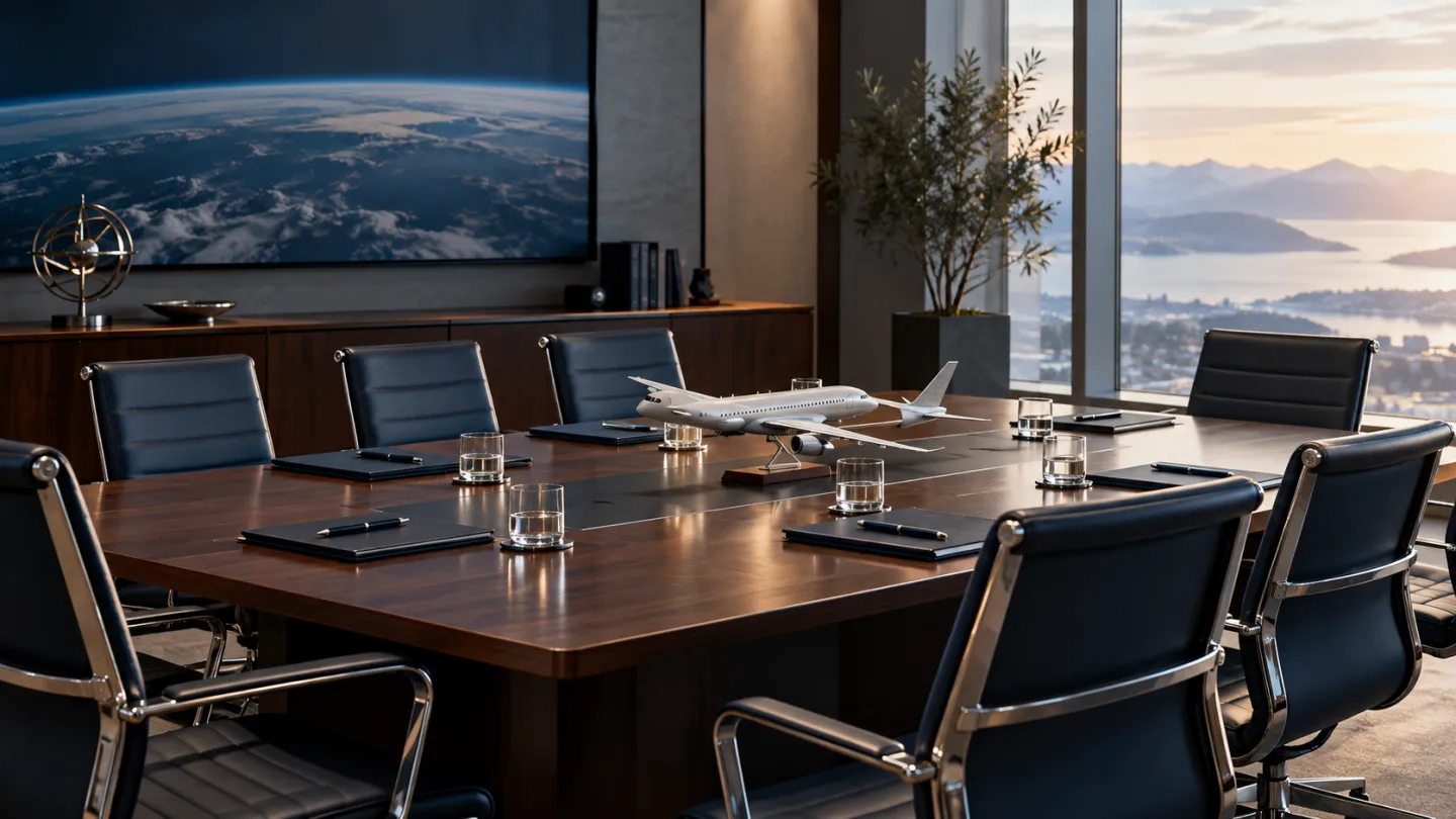 Illustrative aerospace scene: Intimate executive aerospace briefing room prepared for a future meeting.