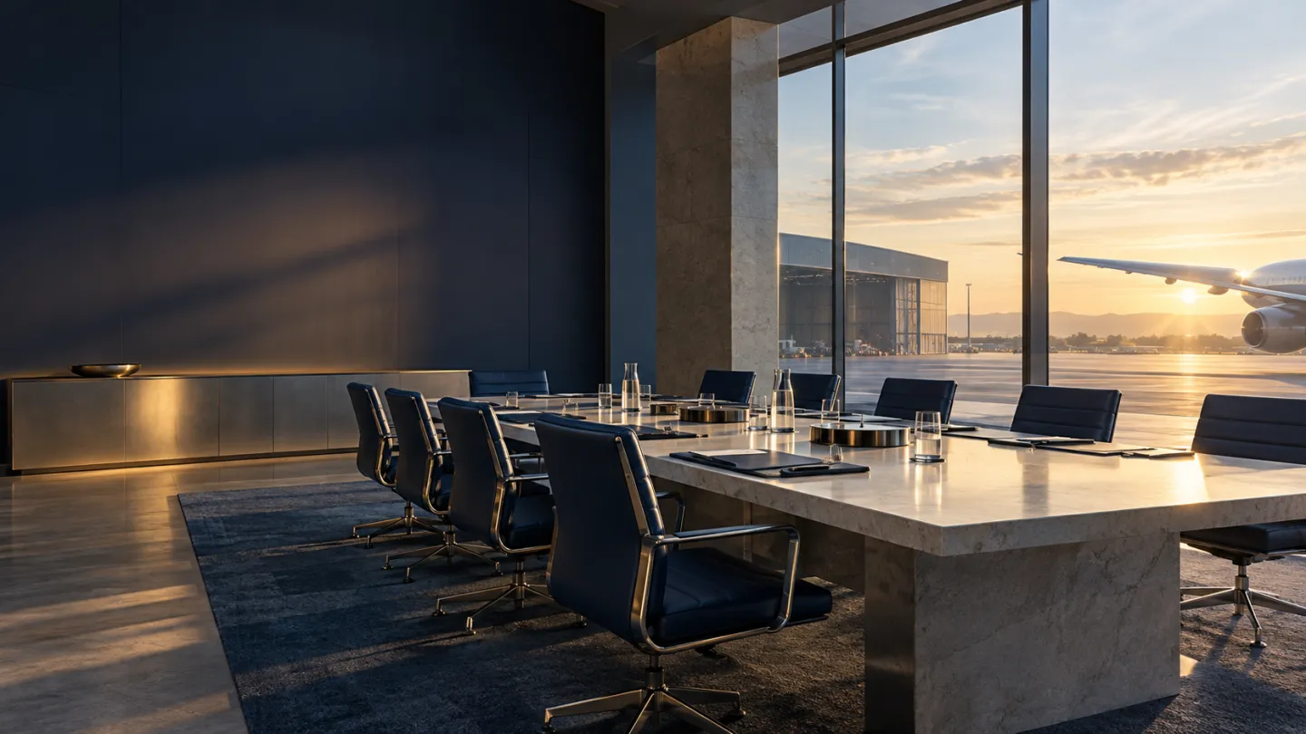 Illustrative architectural setting with an aerospace horizon; not an AF facility