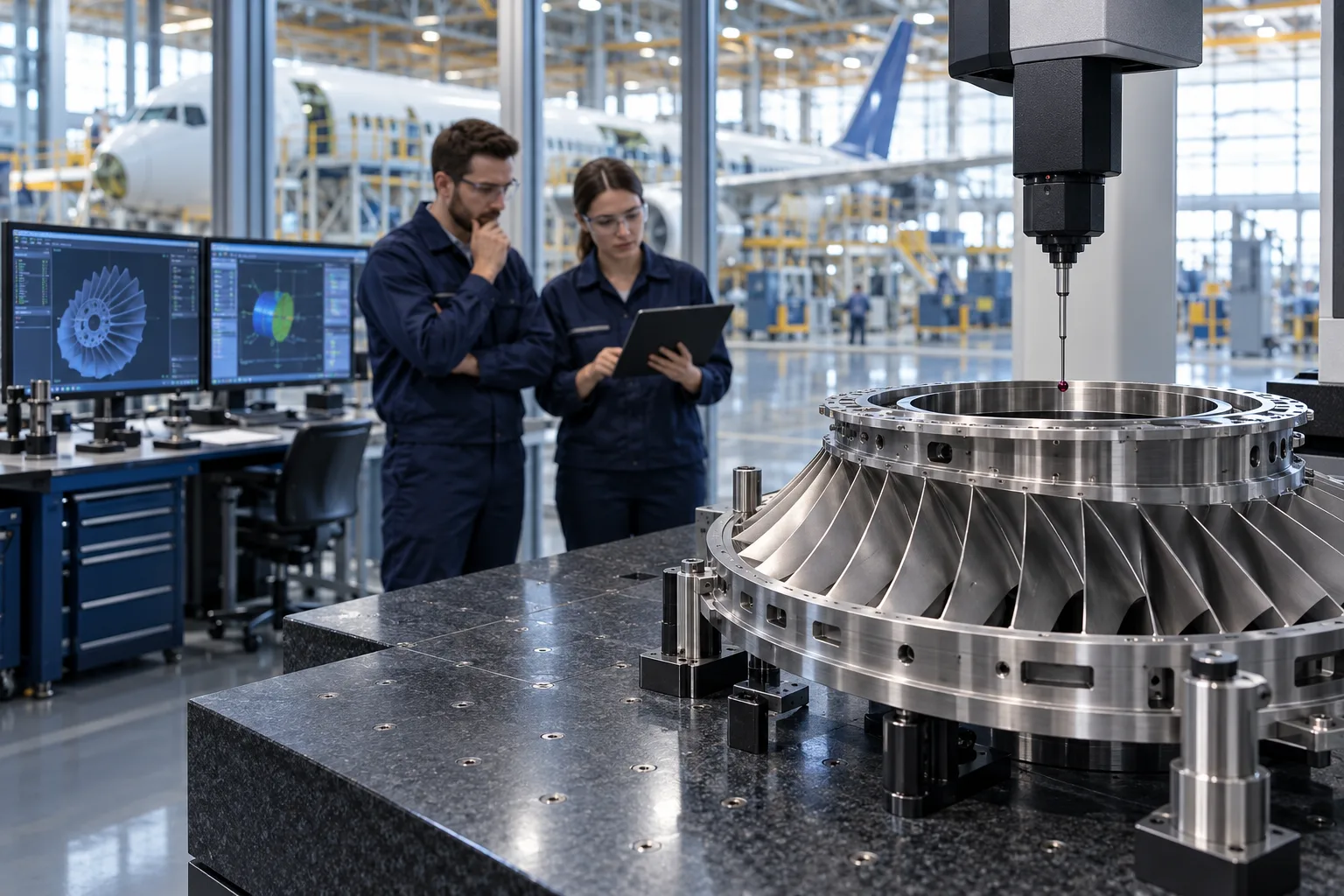 Illustrative precision measurement of a titanium aerospace component in a quality engineering laboratory