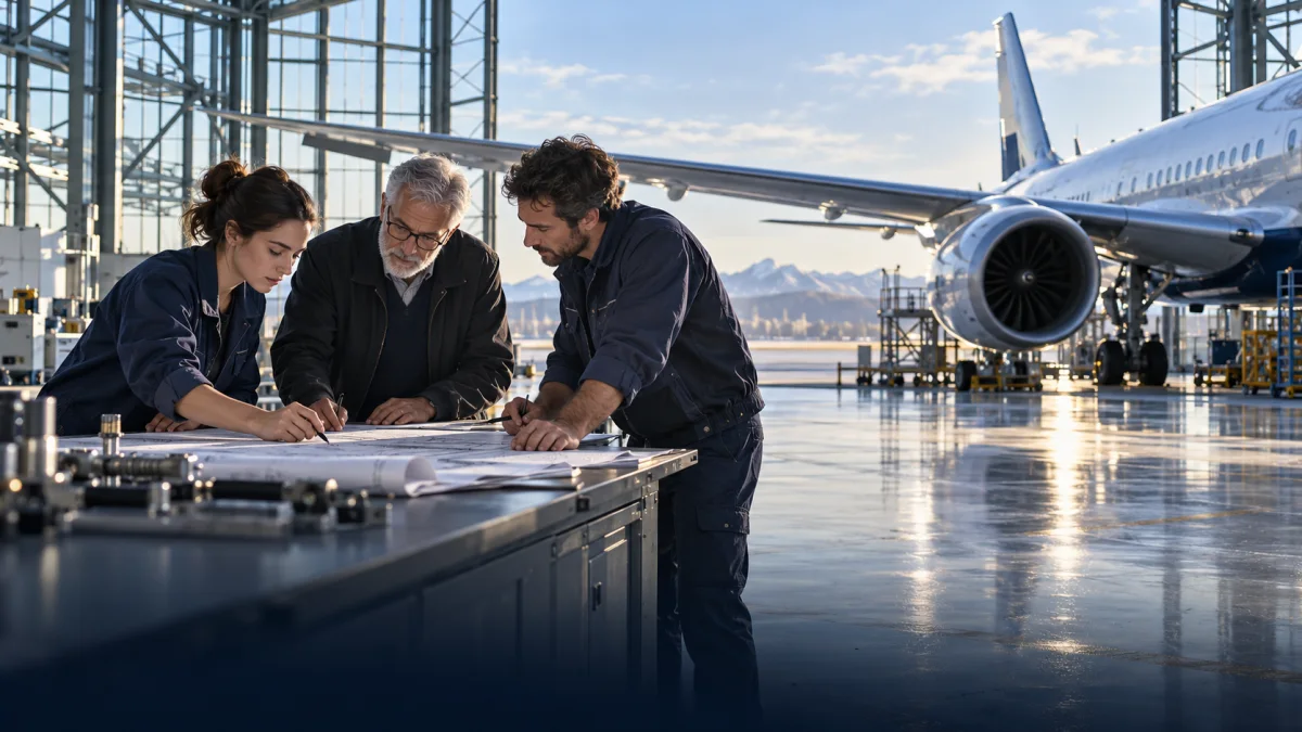 Illustrative aerospace collaboration scene with professionals and an aircraft inside a glass-sided hangar