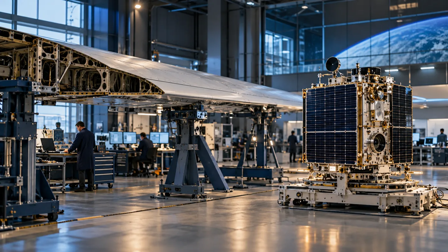 Illustrative aerospace scene: Aviation and space connected technical ecosystem.