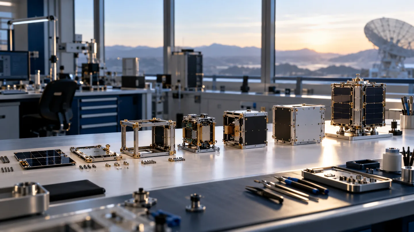 Illustrative aerospace scene: Institutional readiness roadmap conveyed by successive stages of aerospace precision assembly laid out along a clean workbench.