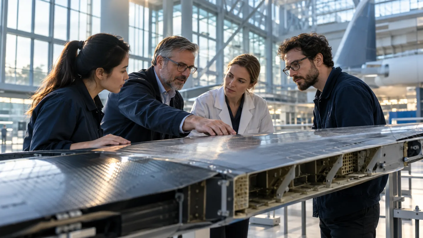 Illustrative aerospace scene: Aerospace participation as a thoughtful editorial photograph: professionals from industry and academia sharing a composite wing specimen in a bright industrial atrium.