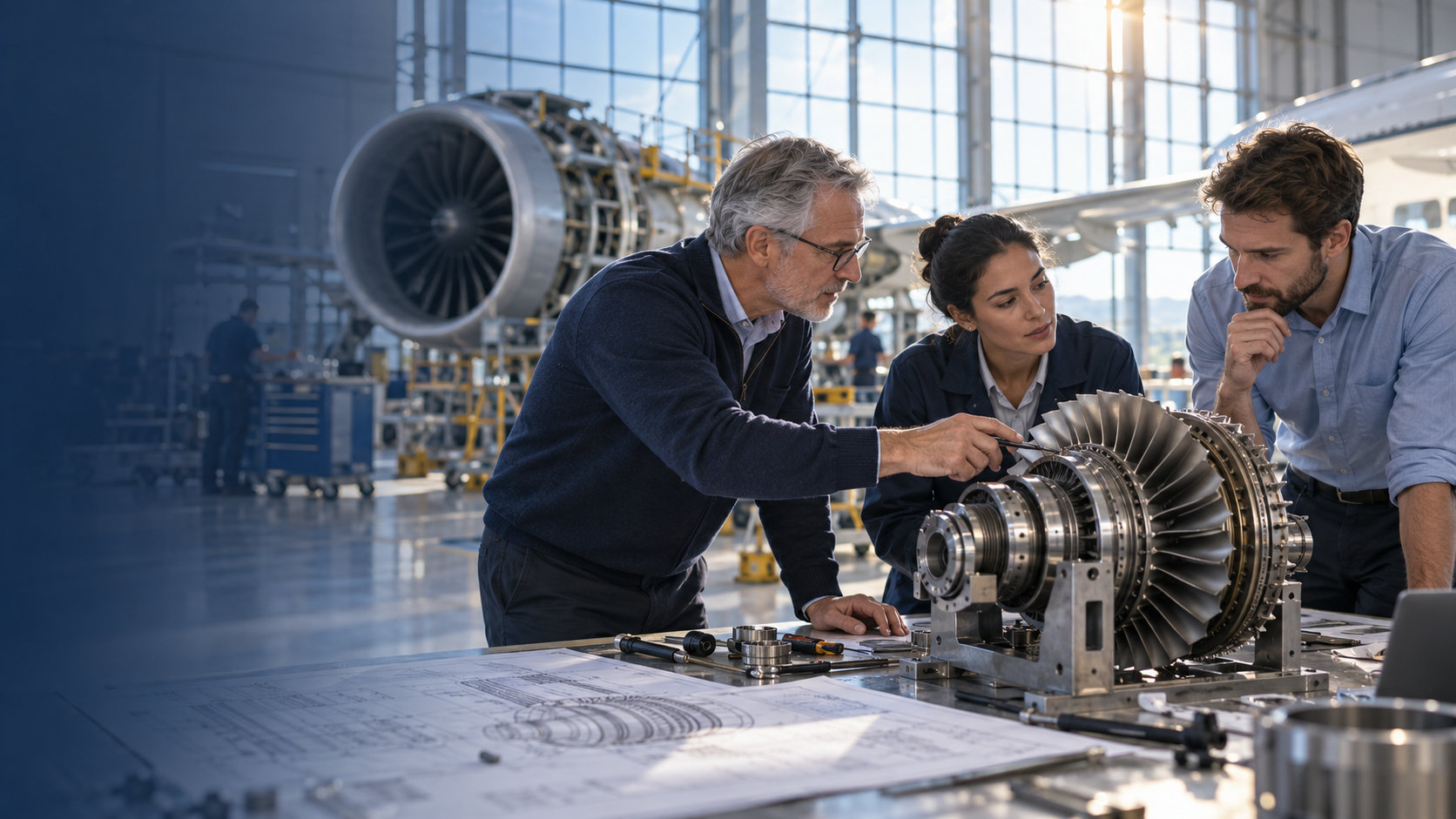 Illustrative professional collaboration in an aerospace workspace