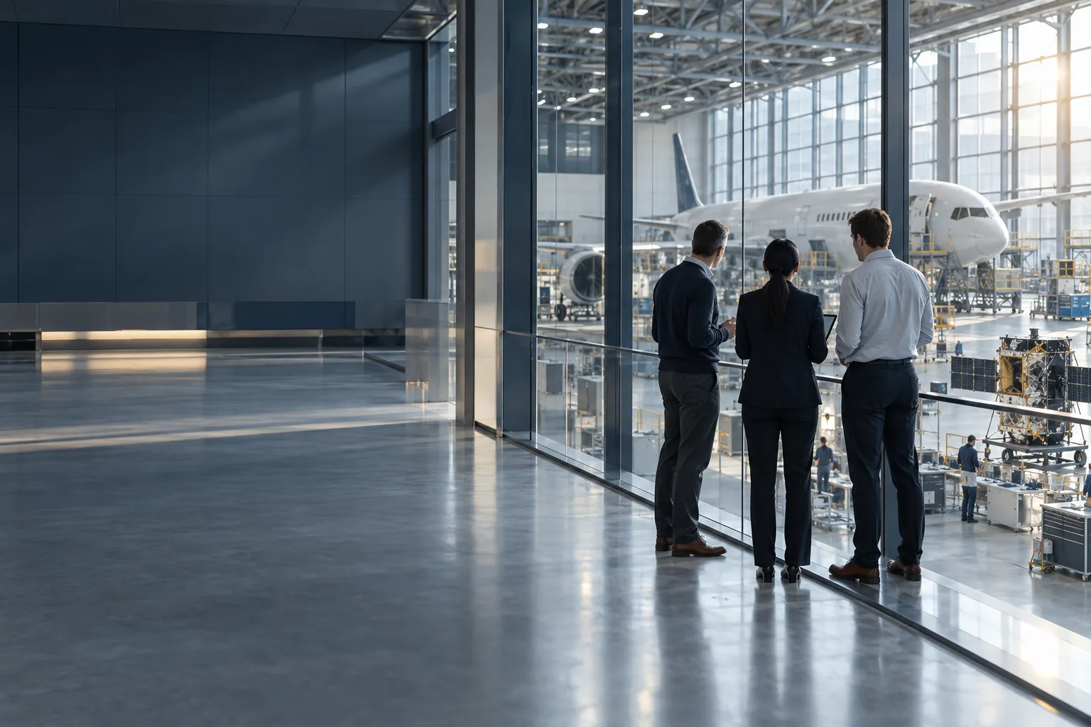 Illustrative aerospace engineering campus with professionals in discussion