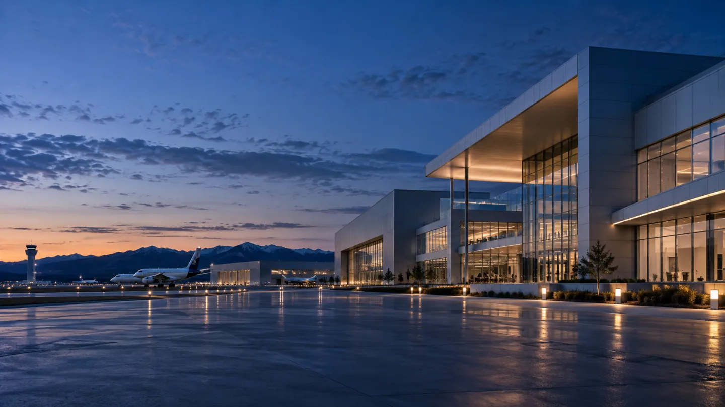 Illustrative aerospace scene: Modern aerospace institutional campus at blue hour.