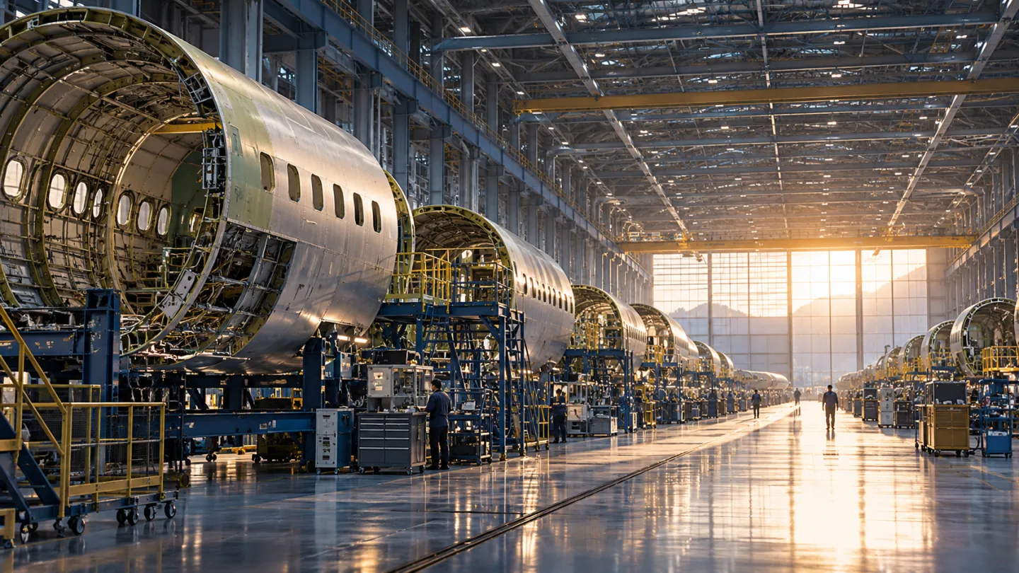 Illustrative aerospace scene: Long aircraft assembly hall at first morning light with unfinished fuselage structures receding into distance.