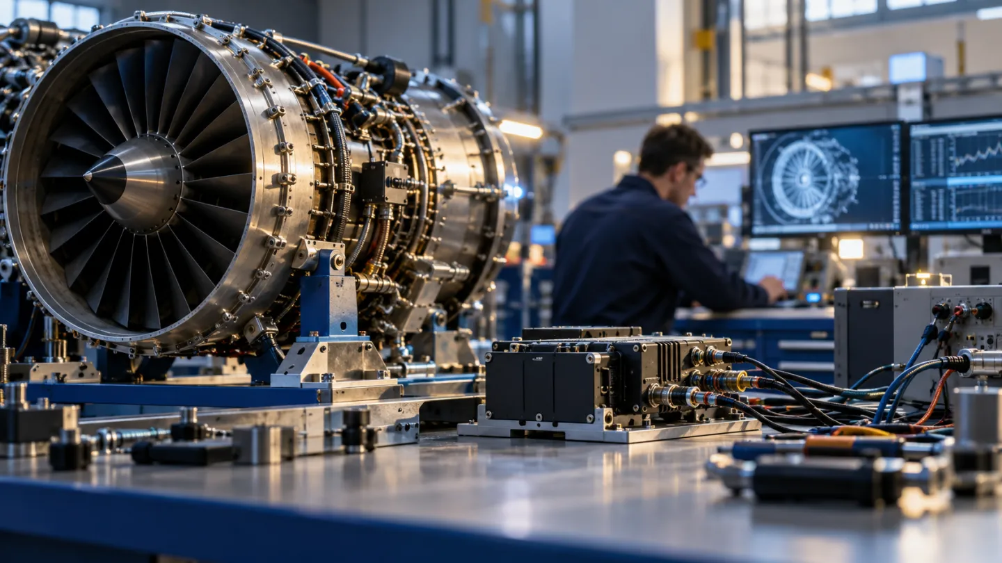 Illustrative aerospace scene: Cross-disciplinary engineering bench with an exposed small turbine section and avionics testing equipment.