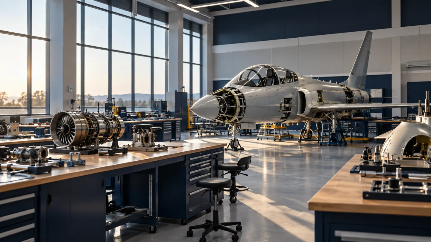 Illustrative aerospace scene: A modern aerospace education laboratory prepared for professional learning.
