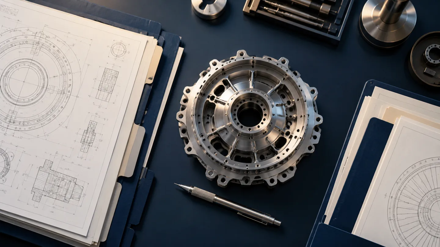 Illustrative aerospace scene: Top-down editorial photograph of organized technical review folders.