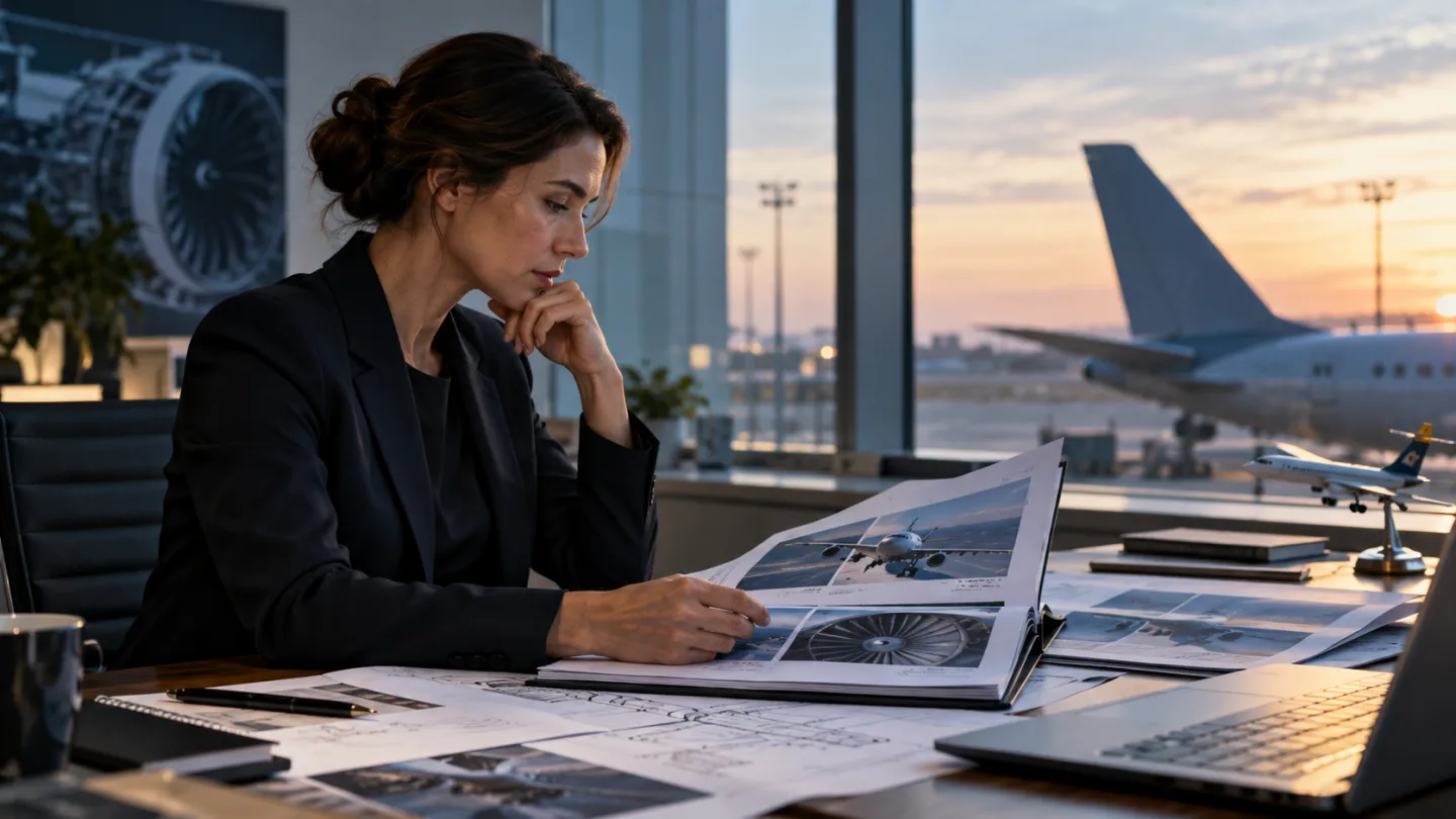 Illustrative aerospace scene: One professional reviewer studying an aerospace participation portfolio at a calm office desk.
