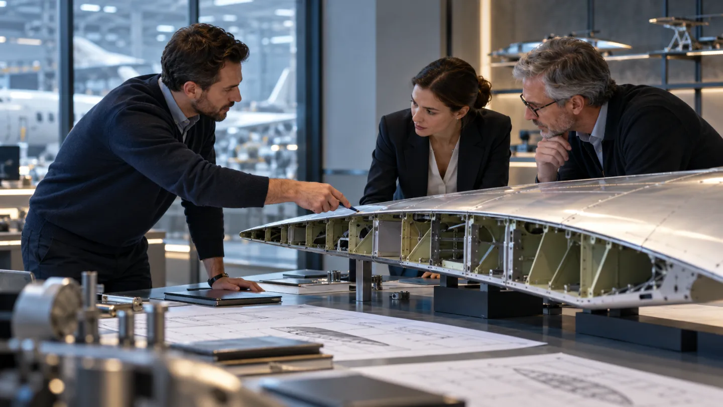 Illustrative aerospace scene: Three aerospace experts establishing a working group around a physical wing-section model in a refined industrial study room.