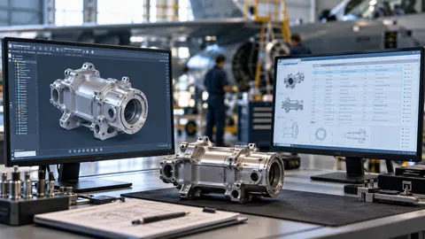 Editorial illustration of engineering and maintenance data workstations beside a precision component.