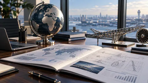Editorial illustration of aerospace briefing material, a metal globe and a structural aircraft model.