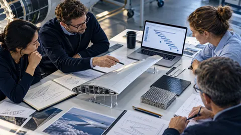 Editorial illustration of aerospace research planning with a wing demonstrator, material samples and work-package scheduling.
