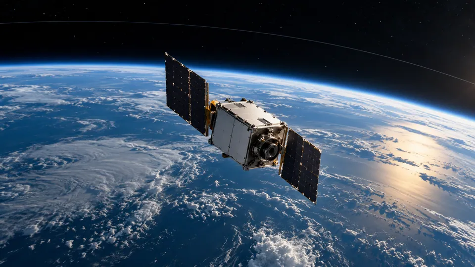 Editorial space-engineering illustration of a small satellite above the curved Earth horizon.