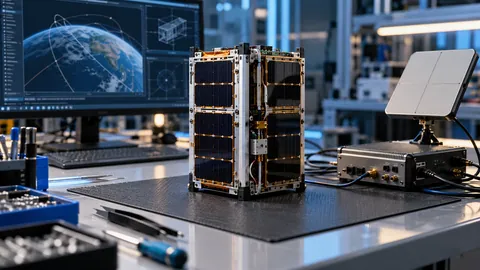 Editorial illustration of a CubeSat-class engineering model and ground-segment demonstration equipment.