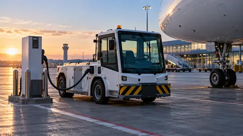 Editorial illustration of an unbranded electric ground-support tractor and charging point on an airport apron.