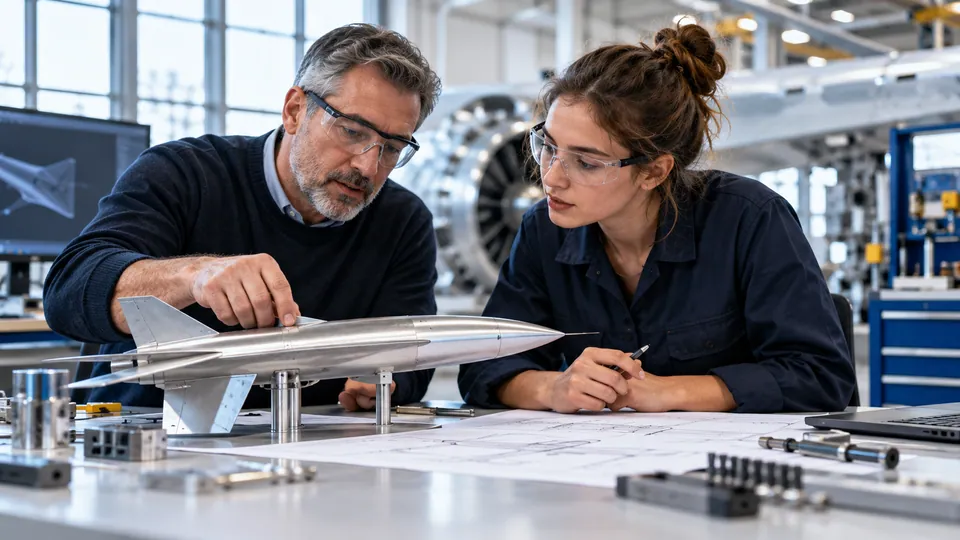 Editorial illustration of an experienced mentor and an adult early-career engineer reviewing an aerodynamic demonstrator.