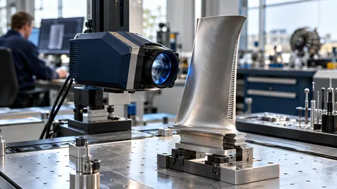 Editorial illustration of an optical inspection sensor and precision aerospace blade on an engineering workbench.