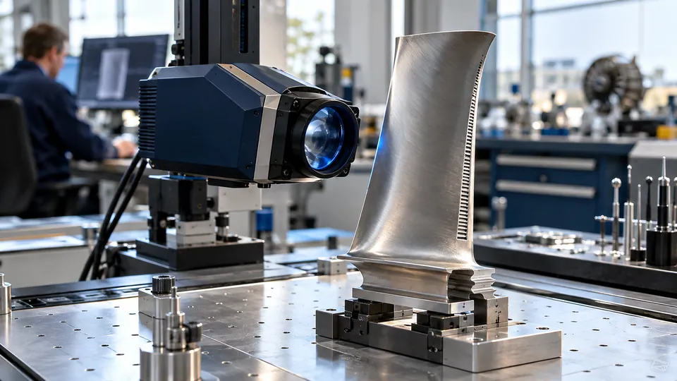Editorial illustration of an optical inspection sensor and precision aerospace blade on an engineering workbench.