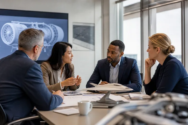 Aerospace specialists discussing a technical subject
