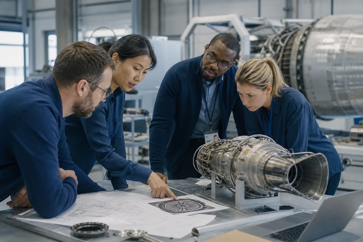 Aerospace specialists examining engineering evidence together